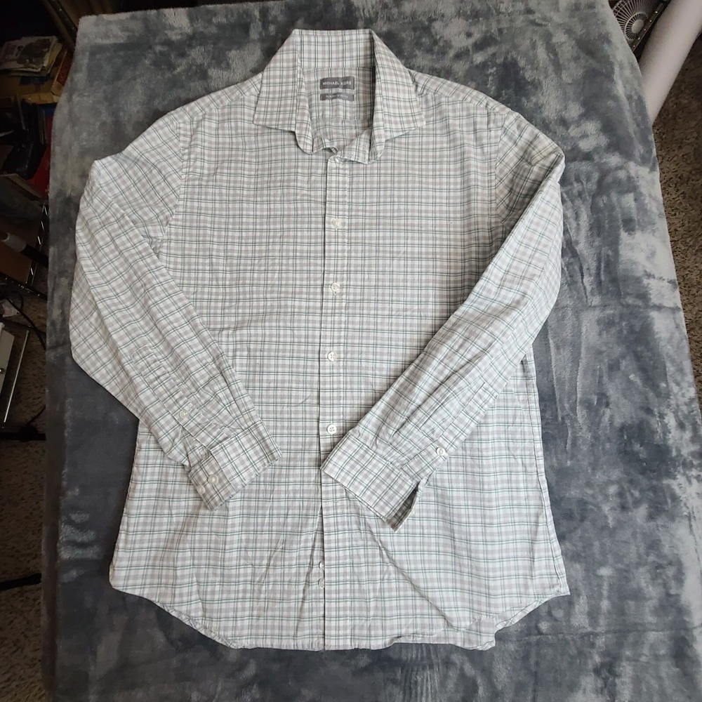 Michael Kors Men's Plaid Slim‎ Fit Stretch Long Sleeve Button Up Shirt Size L 16